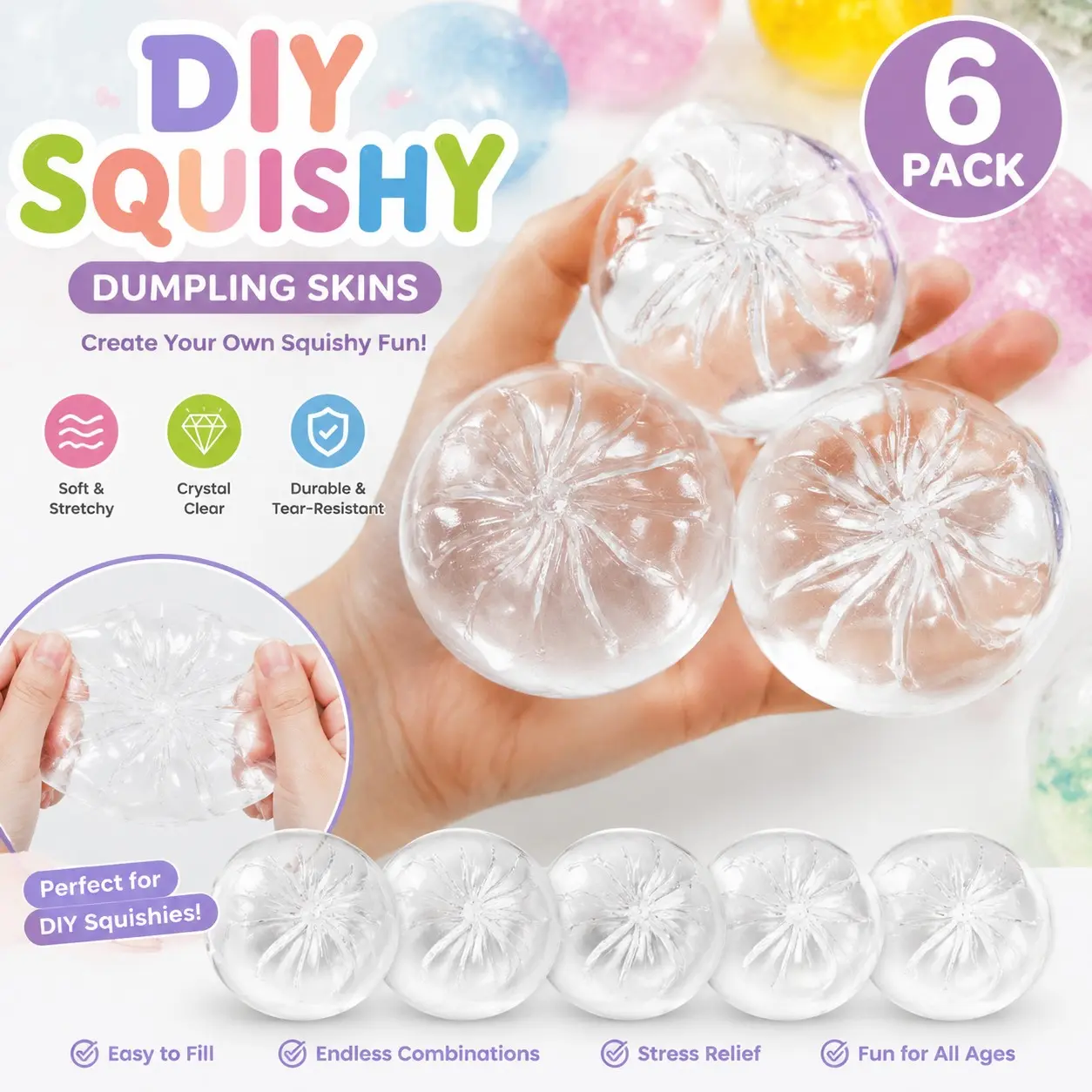 6-Pack 8cm DIY Dumpling Skin Balls, Crystal Clear Stretchable Filling Shell, Handmade Stress Relief Toy Kit, Kids & Adults Craft Set