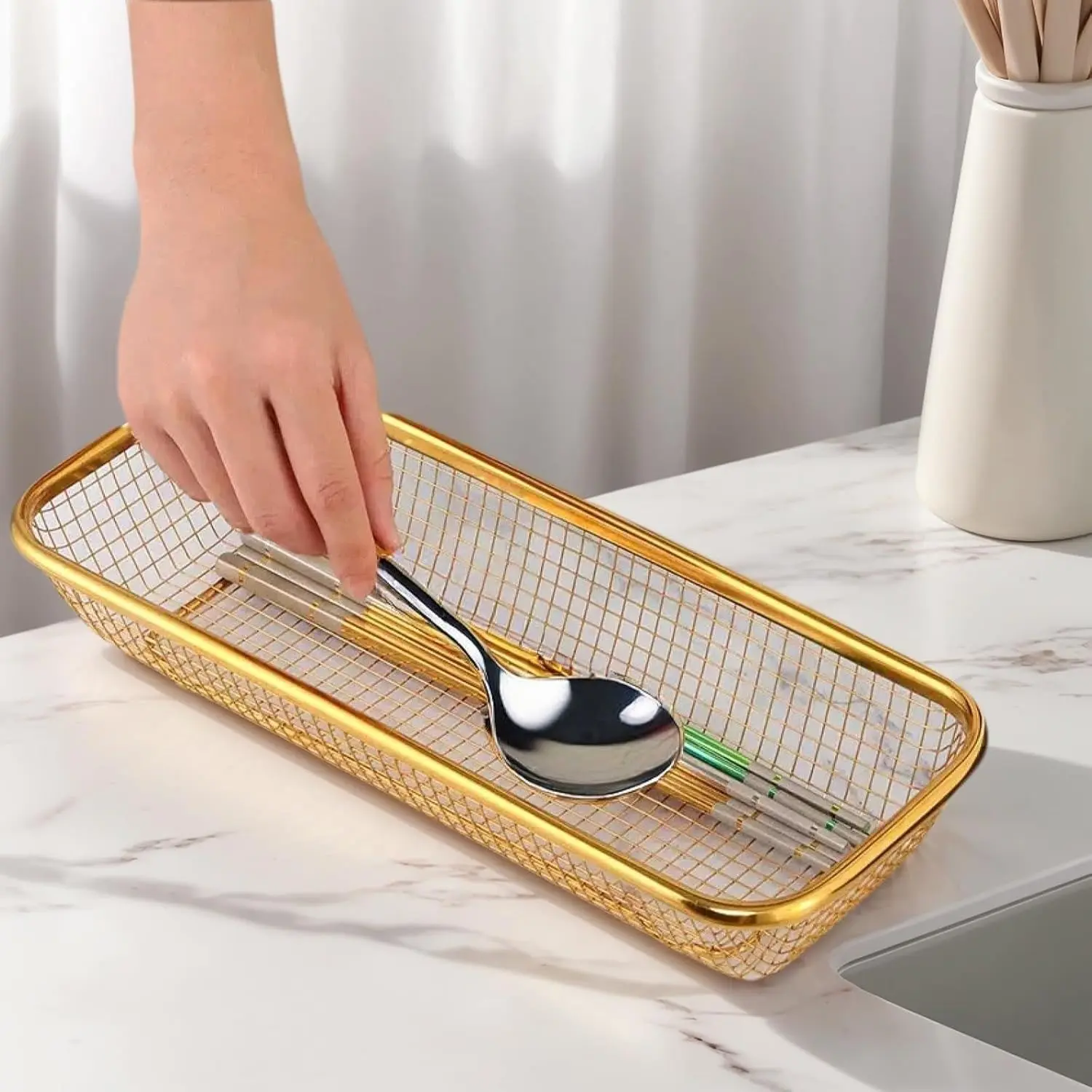 Stainless Steel Cutlery Organizer Basket, Long Knife Fork Holder, Dishwasher Safe, Kitchen Sink Tray, Countertop Storage