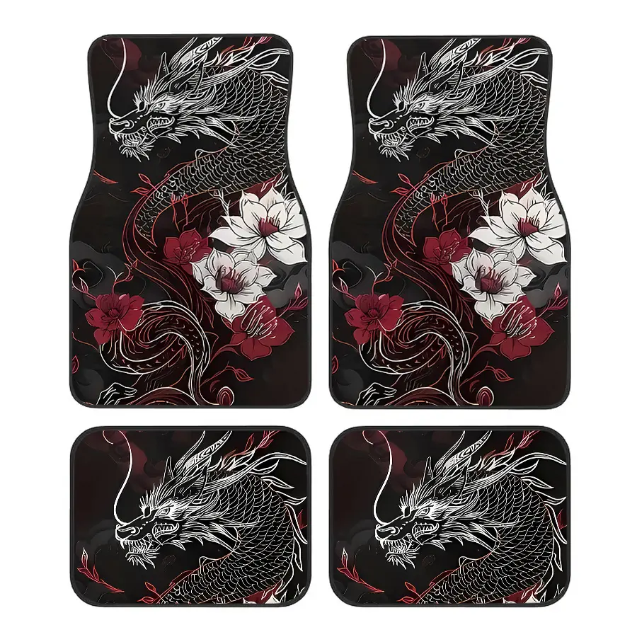 4-Piece Dragon Pattern Universal Car Floor Mats, Car Mats Set, Fits Sedans Suv Trucks, All-Weather Polyester Fiber Interior Accessories, Unisex Gift
