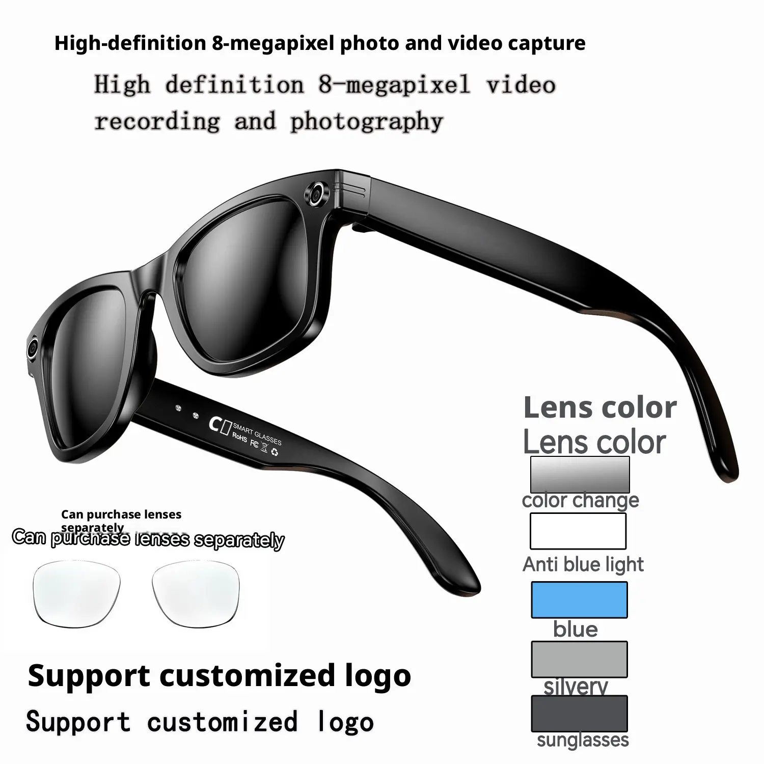 Smart AI Glasses 800W Camera HD Video Recording WIFI Anti-shake Translation Camera Smart Glasses for Outdoor Sports