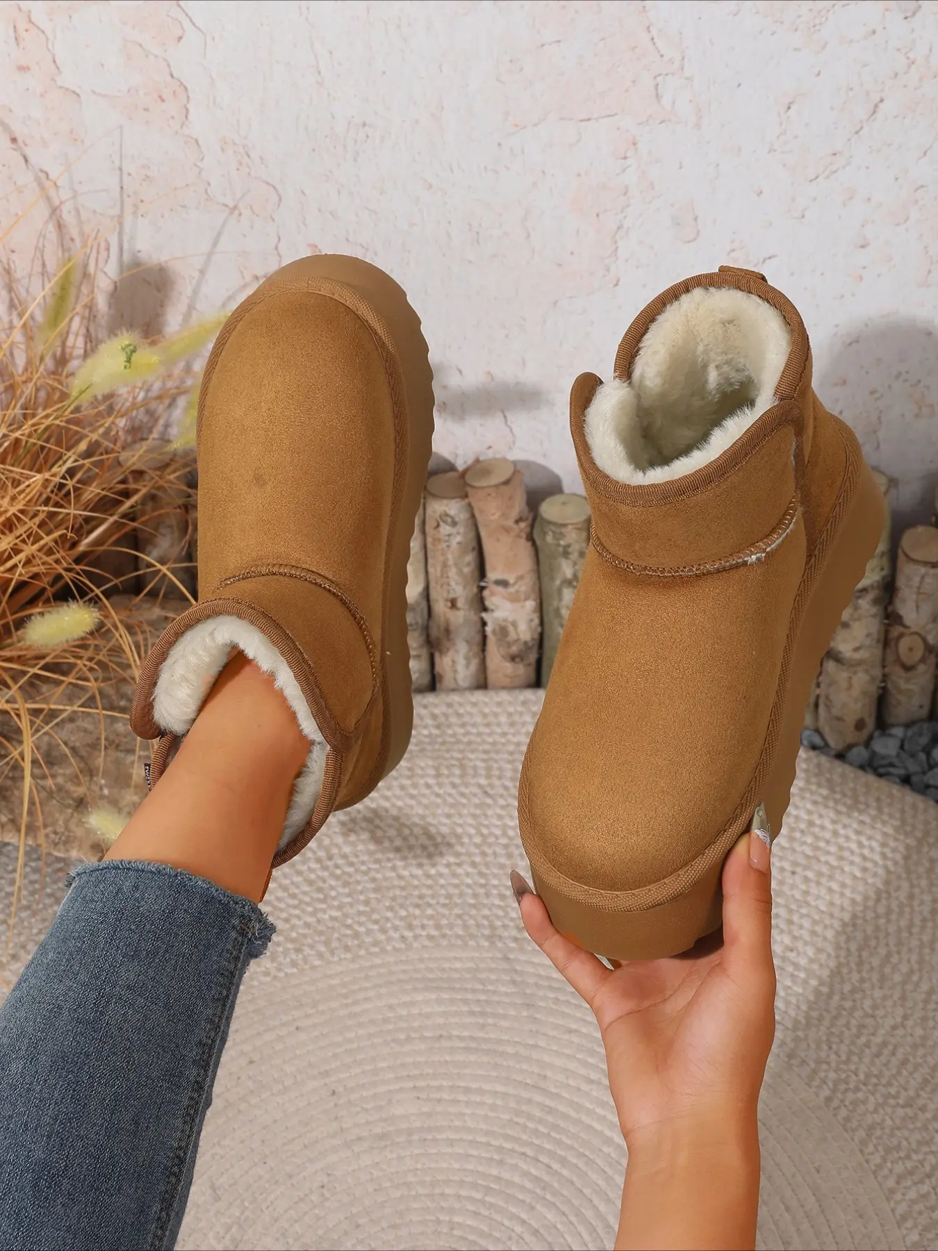 Fleece-lined short snow boots with thick anti-slip soles multiple colors warm for autumn winter jeans matching