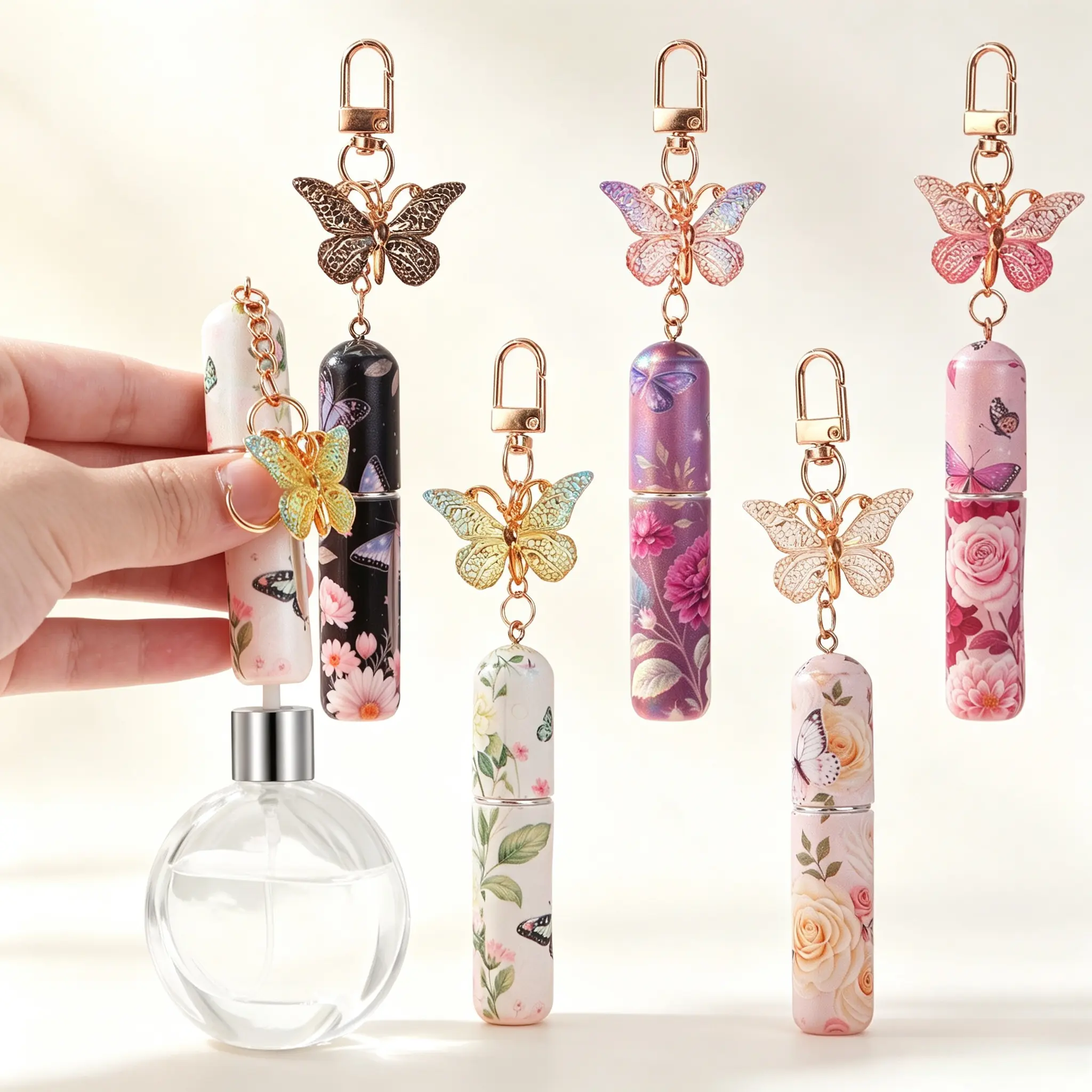 Bag Hanging Perfume Refill Bottle, Vintage Floral Printed Shell, Metal Butterfly Lobster Clasp, Mini Spray Vial For Daily Dating Fragrance Touch-up