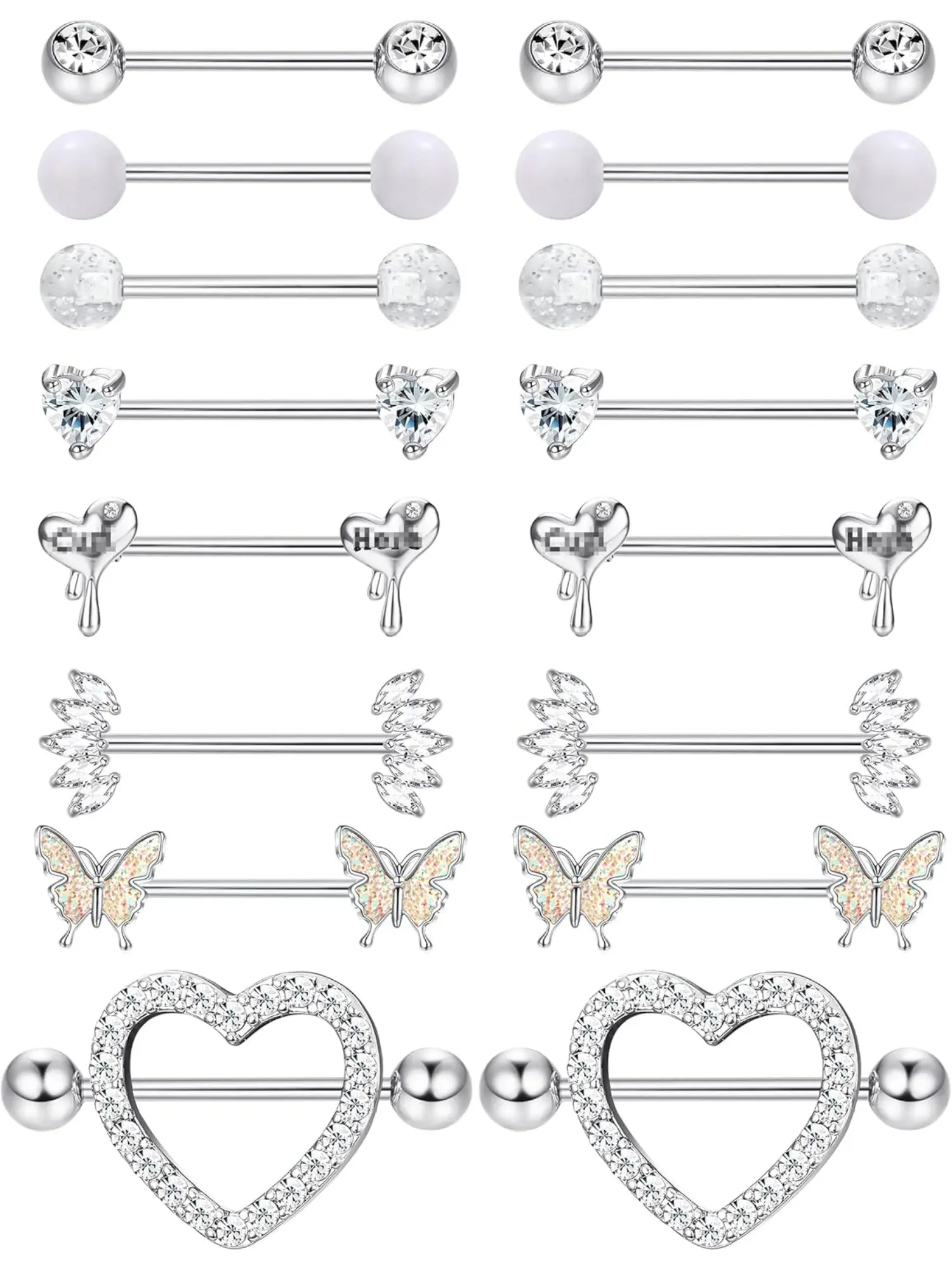 8 Pairs Unisex 14G Hypoallergenic Surgical Stainless Steel Straight Barbell Piercing Set, Sparkly CZ Heart Butterfly Ball Nipple Rings, Multi-Purpose Tongue Retainer Body Piercing Jewelry For Daily Rave Festival Costume Party Birthday Gift