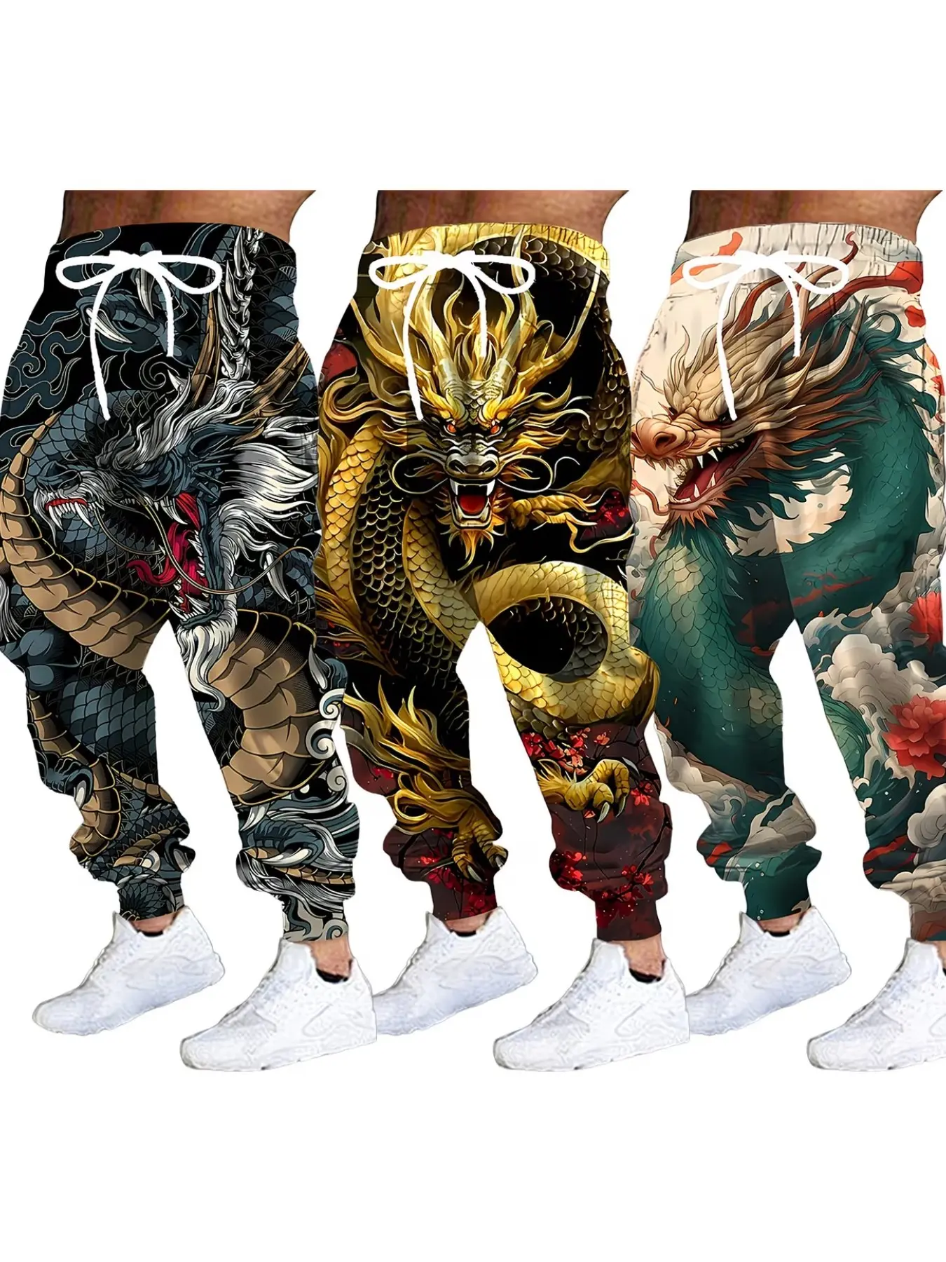 3 Piece Set Men's 3D Dragon Pattern Jogger Pants, Casual Fitted Mid Waist Sweatpants, All Season Ankle Length Drawstring Waist