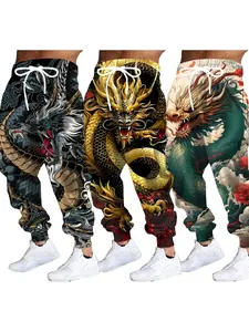3 Piece Set Men's 3D Dragon Pattern Jogger Pants, Casual Fitted Mid Waist Sweatpants, All Season Ankle Length Drawstring Waist