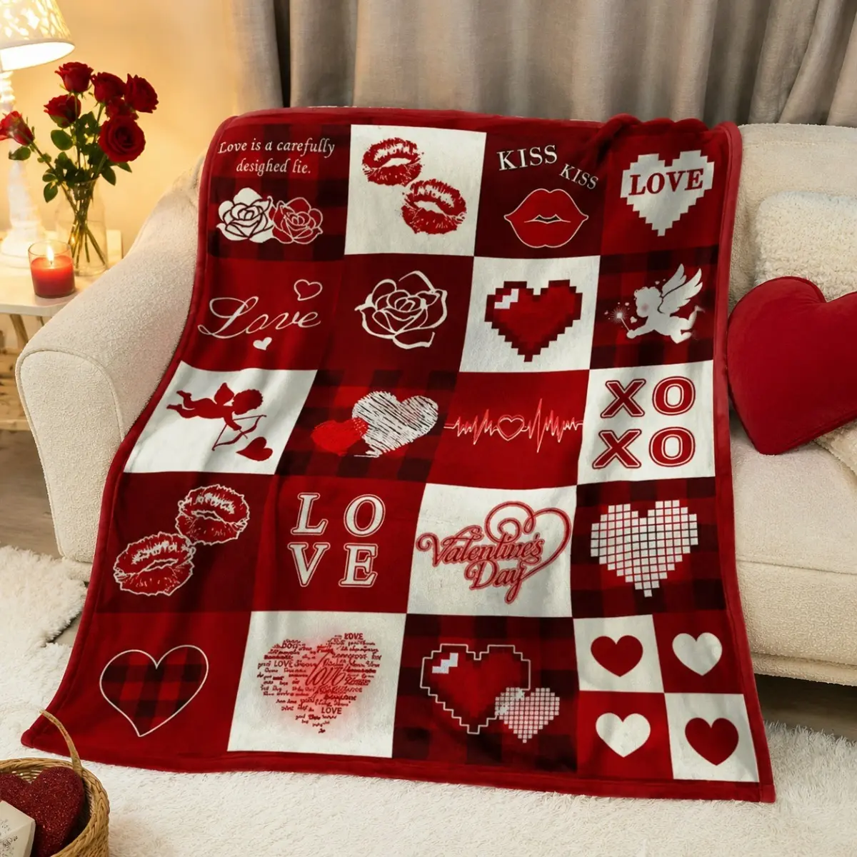Valentine's Day Love Blanket, Romantic Heart Pattern Fleece Throw Blanket, Soft Cozy Red Blanket for Couples, Anniversary Gift for Boyfriend Girlfriend Husband Wife, Birthday Christmas Gift Home Decor