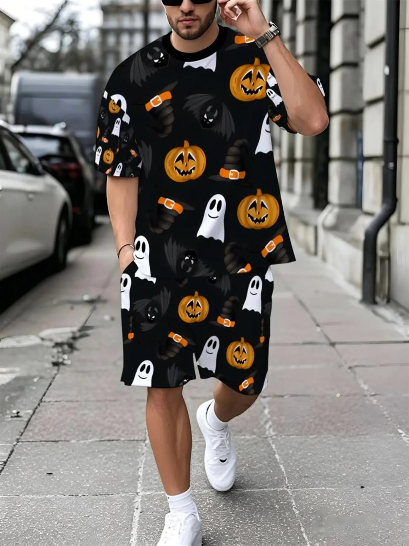Men's Halloween Festive Costume Set, Pumpkin Ghost Wizard Hat Bat All over Print, 3D Digital Print, Short Sleeve T-Shirt and Shorts, Drawstring Design
