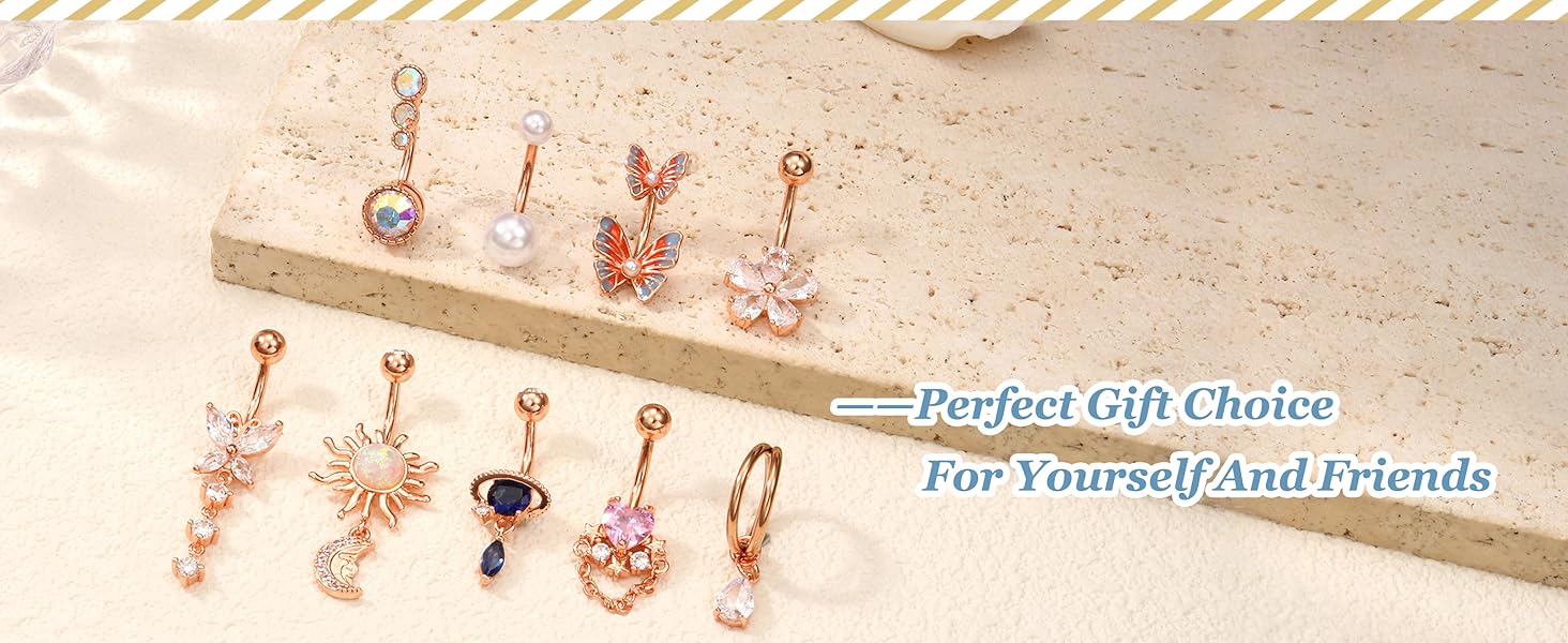 ZELORES 9Pcs 14G Belly Button Rings for Women Surgical Stainless Steel Belly Rings Cute Navel Rings Butterfly Snake Evil Eye Heart Hoop Dangle Rose Gold Belly Button Piercing Jewelry Cubic Zirconia