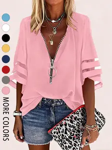 A women's solid color mesh spliced loose casual fashion Boho Chic Blouse V-neck zipper shirt with half bell sleeves, suitable for summer, daily casual wear, and going out. Blouse Top Womenswear
