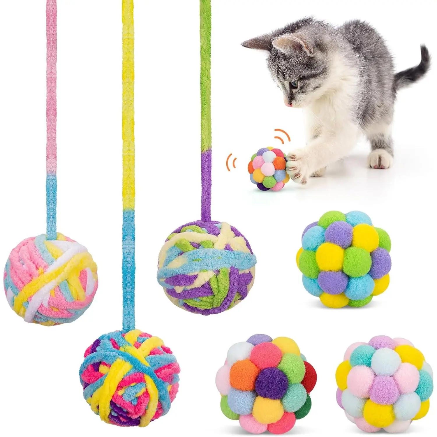 Toys Balls with Bells Inside, Kitten Toys Pack 6 count | Woolen Yarn  Balls, Soft Pompom Jingle Ball with String, Interactive Kitty Nip Toys for Indoor Cats