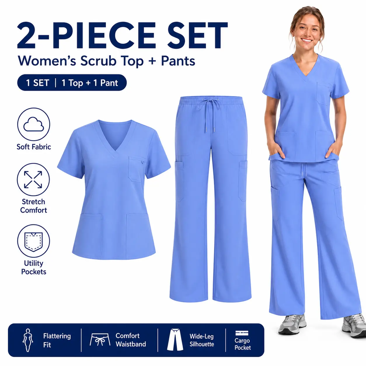 Women's Scrub Set, V-Neck Relaxed Fit Top and Wide Leg Stretch Cargo Pants with Multiple Pockets and Drawstring