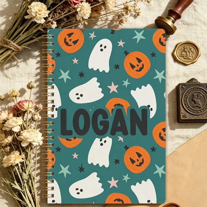 1pc Halloween Themed Custom LOGAN Notebook, Cute Ghost & Pumpkin Pattern Journal, Perfect for Daily Note-Taking, School Work, Creative Planning, Portable Festive Diary for Students and Halloween Lovers Women's clothing