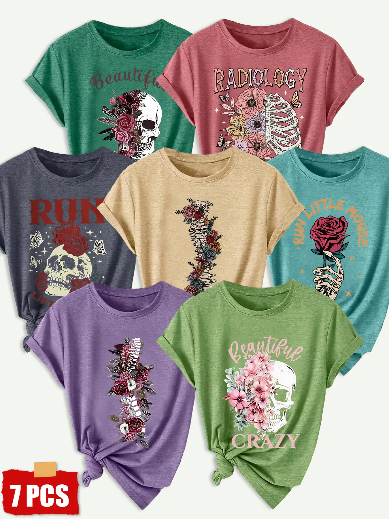 7Pcs Women Crew Neck T-shirt, Floral Skull Spine Radiology Dark Vintage Print, Lightweight Soft Summer Casual T-shirt