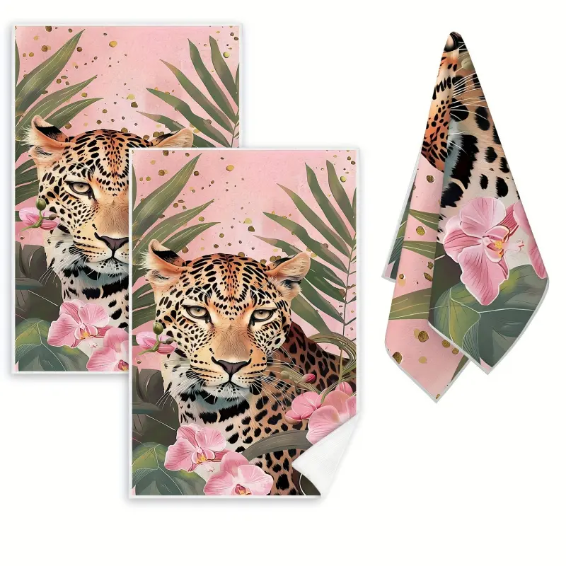 2-Piece Set: Pink Leopard Print Kitchen Towels & Dishcloths,Fast-Drying, Highly Absorbent Microfiber Dish Towels For Drying Dishes featuring an exotic floral design with jungle cat motifs, perfect for summer kitchen decor. These versatile cloths...