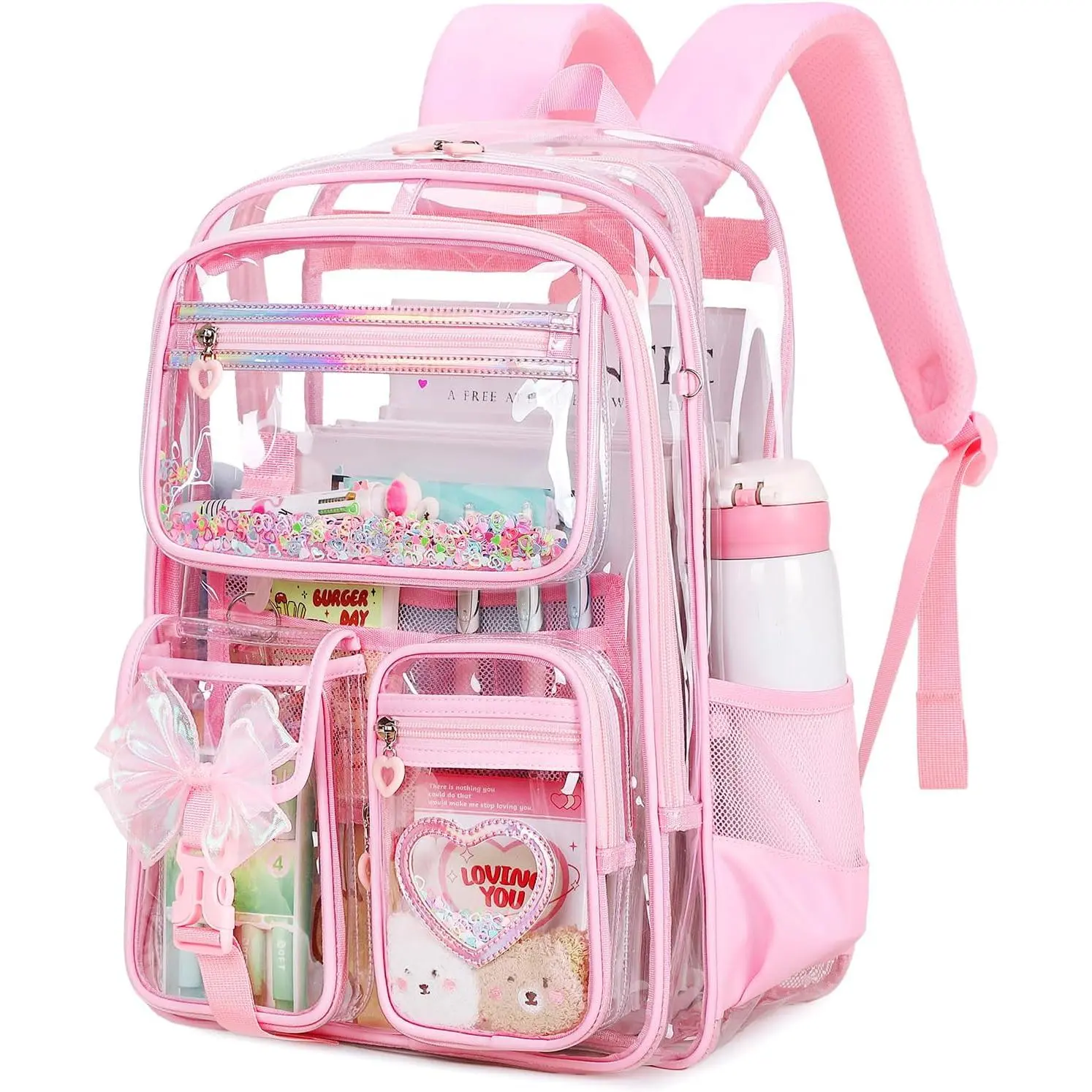 Clear Backpack for Girls, Clear Bookbag Heavy Duty Transparent Backpack for Stadium Events, See Through Back Pack for Kindergarten Elementary Middle High School, Pink