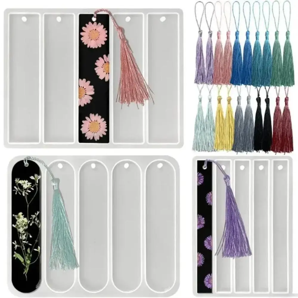 Shiny Silicone Bookmark Molds, 3-Piece Flexible Set in 3 Sizes with Curved Edge & 15 Cavities, Easy to Demold DIY Supplies for Resin Bag Charms, Home Decor, Includes 20 Tassels, 3 Pcs
