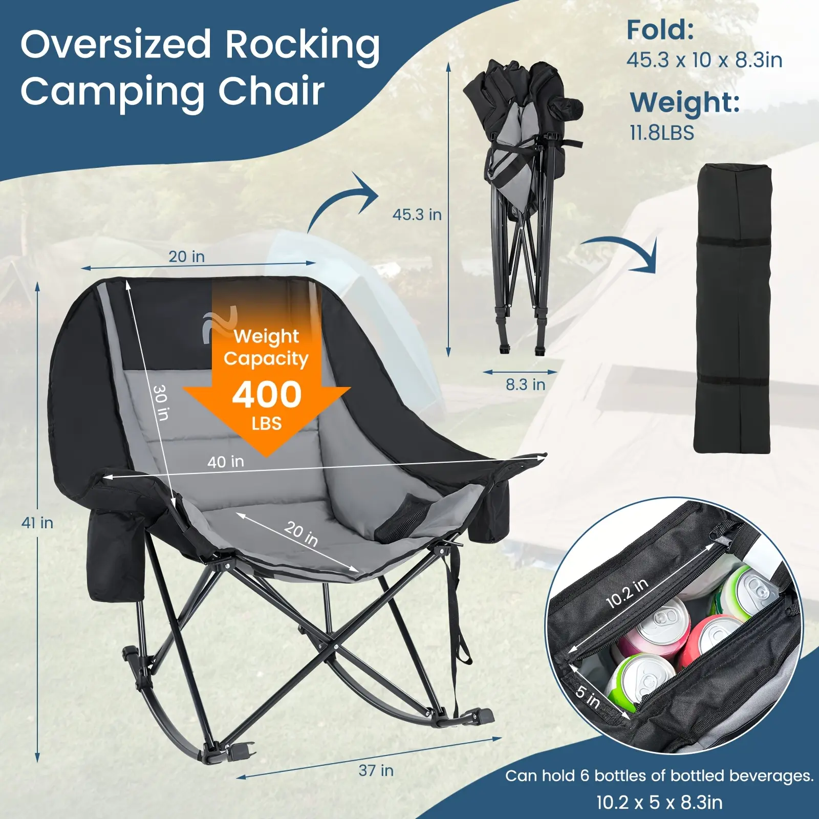 Heavy Duty Oversized Rocking Chair for Adults - Foldable Outdoor Recliner with Carry Bag, Padded Suitable for Camping, Picnic, Lawn,,, Cup Holder & Side Pocket, Portable Suitable for and Hard Use