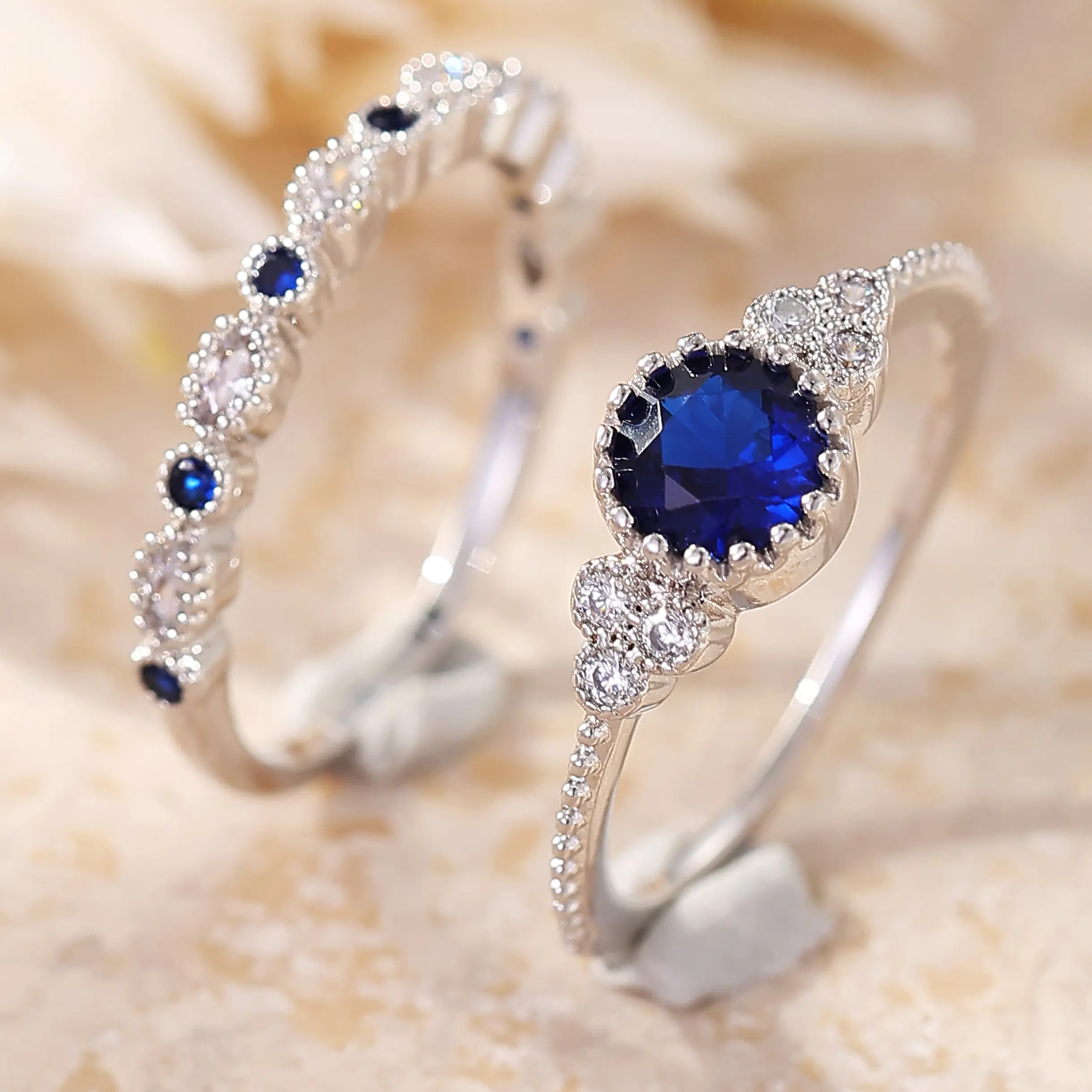 Women's 2-Piece Blue Stone Wedding Ring Sets, Milgrain Detail Light Blue Statement Band, April Birthstone Jewelry, Ideal Gift for Wedding & Daily Wear, Blue Stone Rings