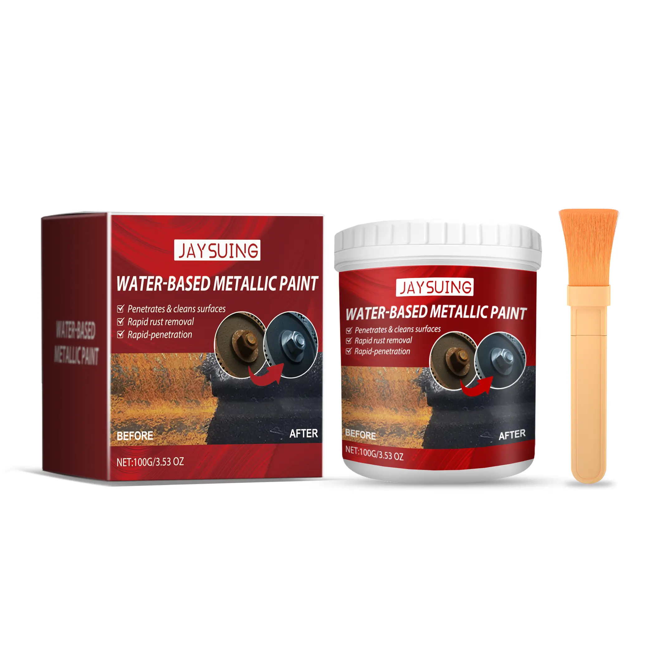 Jaysuing Rust-Free Metal Primer Complete Kit - 100g/3.53 oz Jar, Matching Brush, Water-Based Anti-Corrosion Coating, Easy to Apply, Rust Covering for Home & Garage Automotive Maintenance