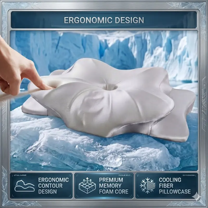 1pc Ergonomic Contour Neck Pillow with Ultra Cooling Ice Fiber Pillowcase - Advanced Breathable Cold Fabric - Premium Memory Foam Zoned Support - Perfect for Hot Sleepers and Side Sleepers - Viral Cloud Comfort TikTok Sleep Hacks Aesthetic Bedding