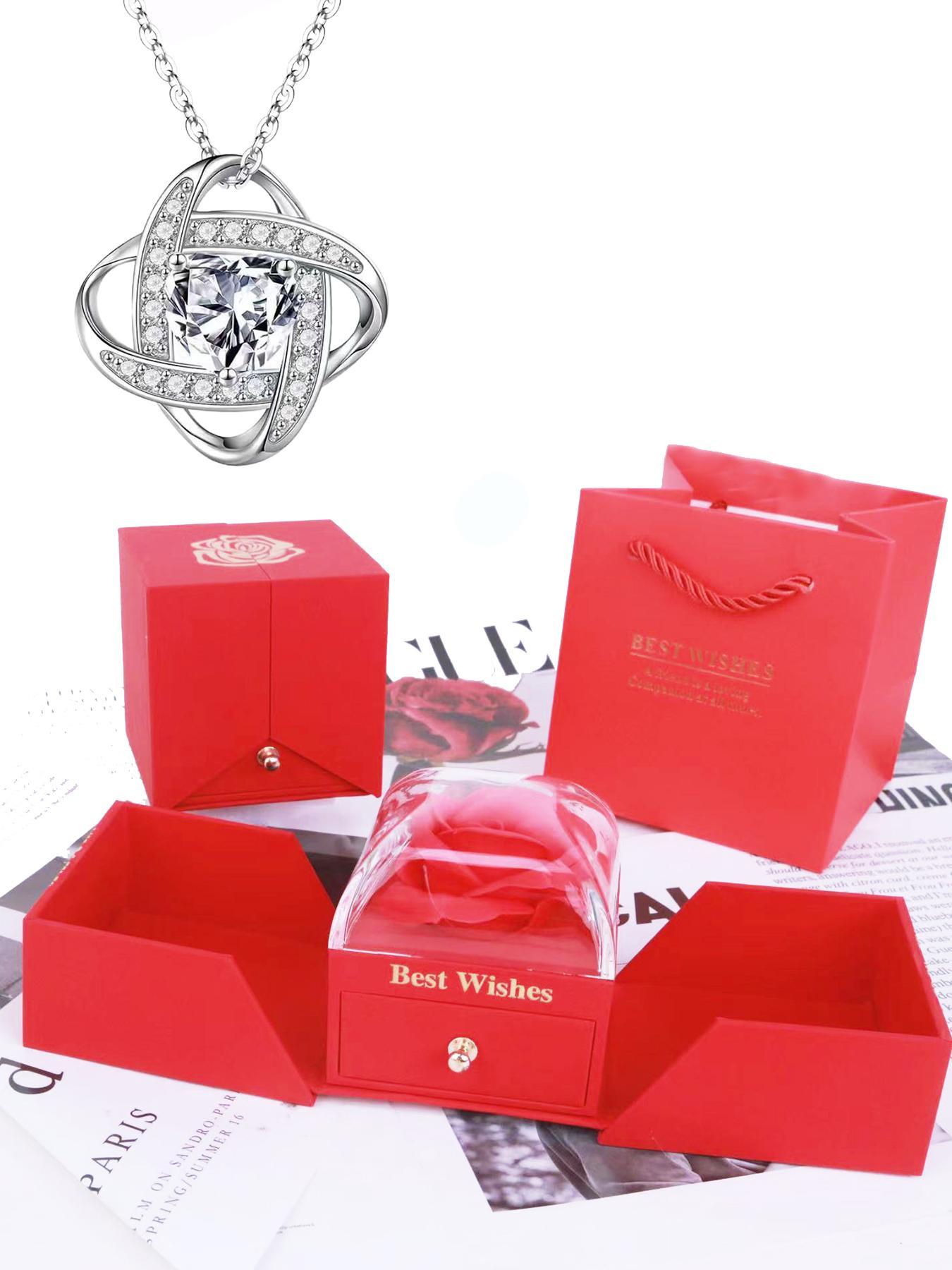 Mother's Day Rhinestone Heart Pendant Necklace Gift for Women, 'I Love You' Engraved Dainty Summer Jewelry with Flower and Gift Box