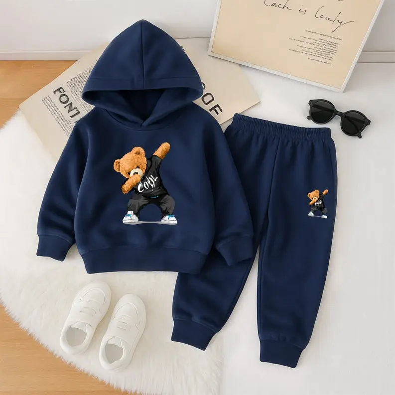 Unisex Cool Bear Print Hoodie Tracksuit Set, Fleece-Lined Sweatshirt & Joggers, Fall & Winter Casual Outfit for Indoor & Outdoor Wear