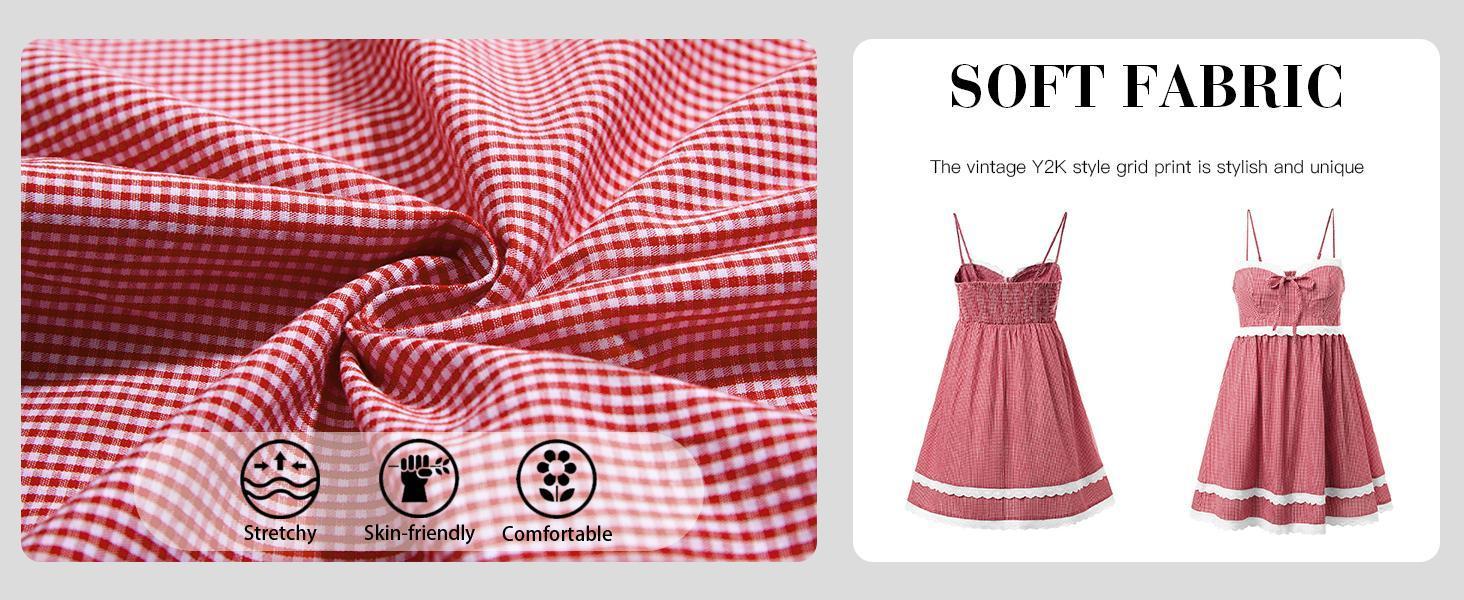 Imily Bela  Womens Cute Plaid A-line Summer Beach Dresses Spaghetti Straps Ruffle Hem Casual Mini Dress with Side Pocket