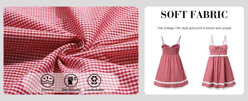 Imily Bela  Womens Cute Plaid A-line Summer Beach Dresses Spaghetti Straps Ruffle Hem Casual Mini Dress with Side Pocket