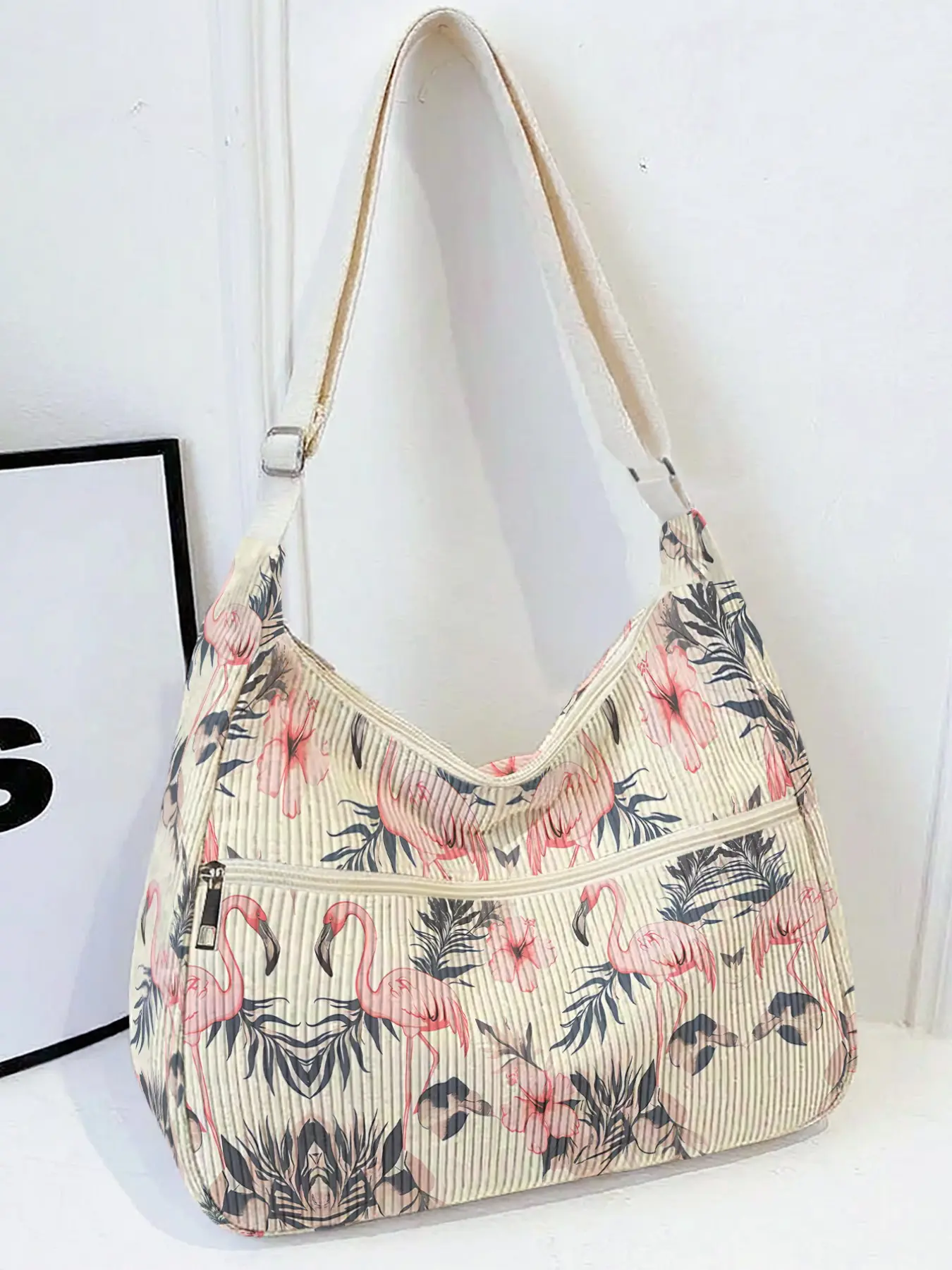 Women's Crossbody Shoulder Bag, Flamingo Pattern 2D Print, Soft Durable Fabric, Adjustable Strap, Large Capacity, Casual All-Season Style