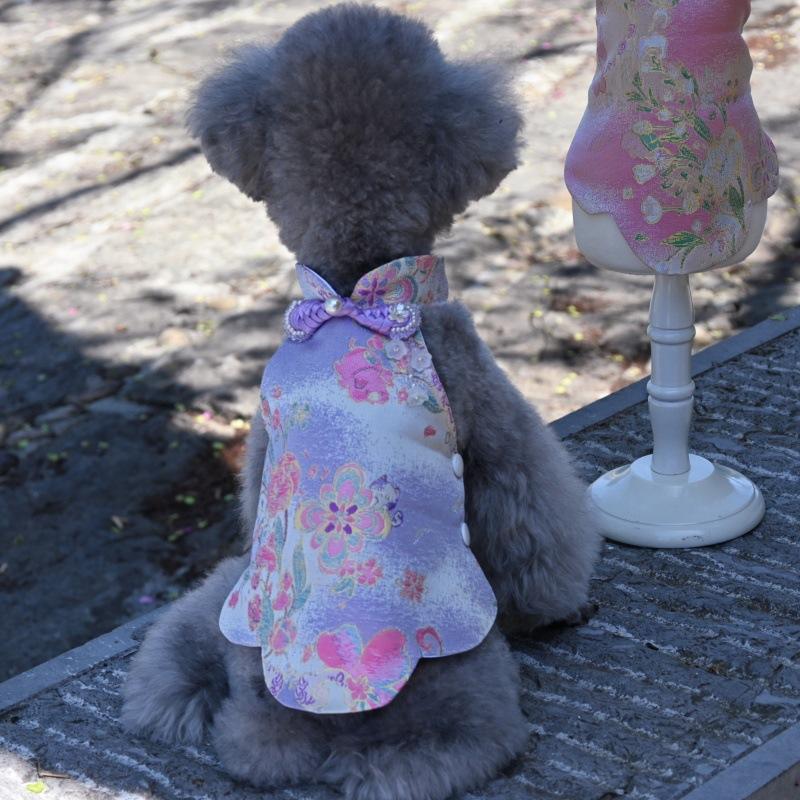 Paws Trendy Pet Spring & Summer Qipao for Dogs & Cats, suitable for Teddy, Bichon Frise and other small dogs. Features embossed fabric with exquisite retro frog buttons, fine workmanship, exuding noble elegance and making your beloved pet stand out.