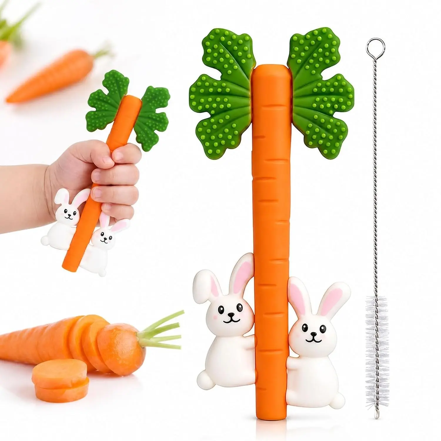 Baby Teething Toys - Silicone Carrot Rabbit Hollow Teething Tubes, Sensory Chew Toys for Babies Over 3 Months, BPA Free Teether Straws for Teething Relief, Infant Essentials & Baby Shower Gifts(Gift)