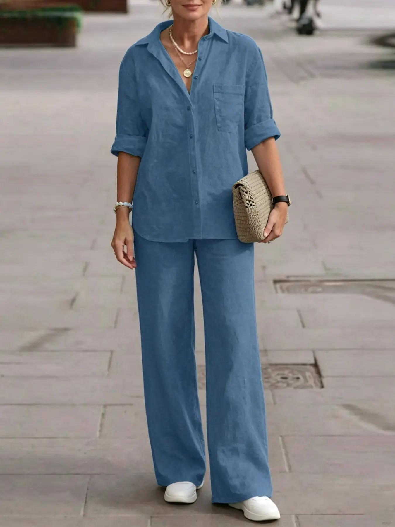 Two piece set of women's fashionable, minimalist and casual style, Baggy, Loose, long sleeved shirt with a collar, straight leg pants suitable for daily commuting in all seasons, afternoon tea, outdoor camping, Palazzo set