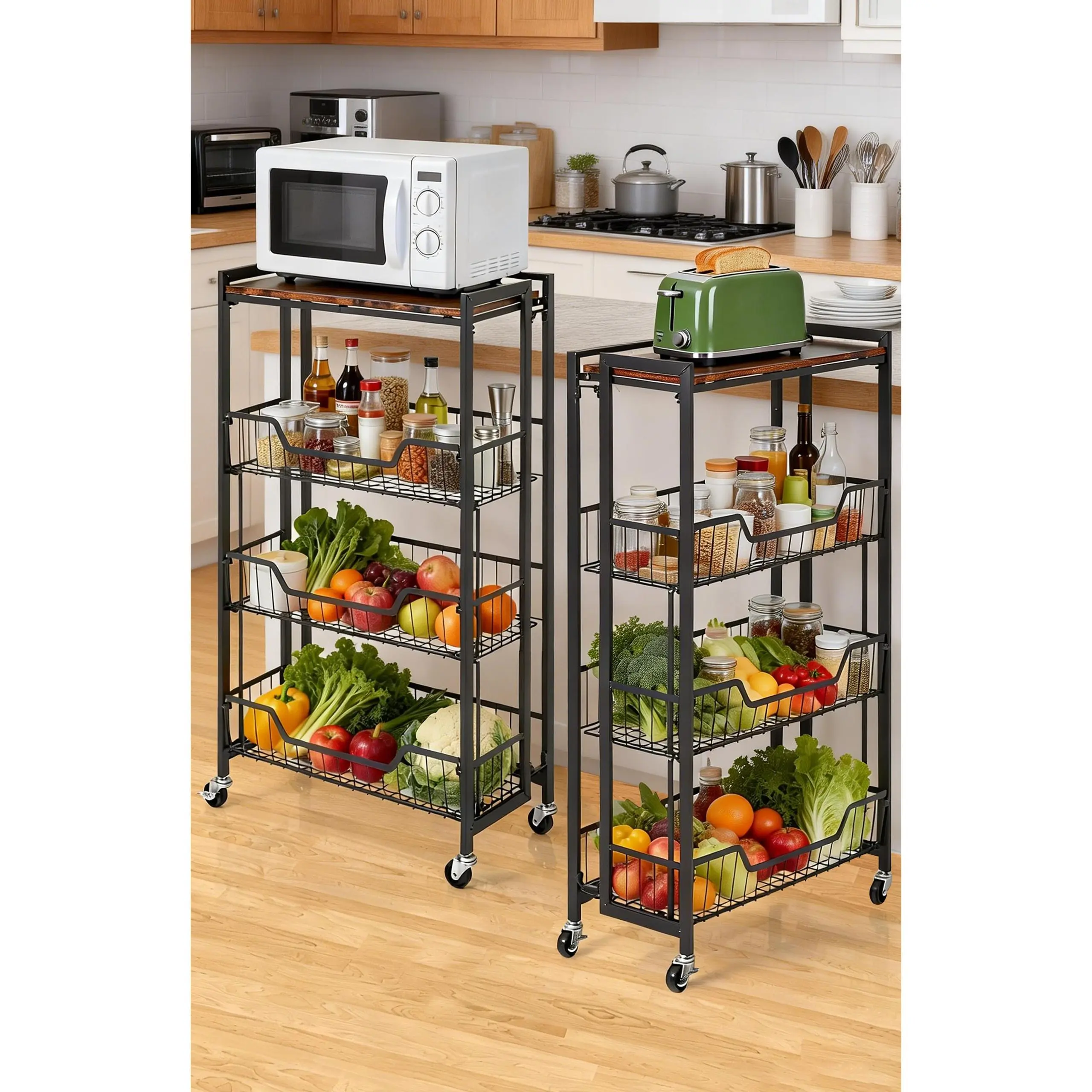 Metal 4-Tier Collapsible Storage Cart with Lockable Wheels, Expandable Rolling Utility Cart, Pre-Assembled Organizer Rack, 100 LBS Load Capacity for Kitchen, Garage