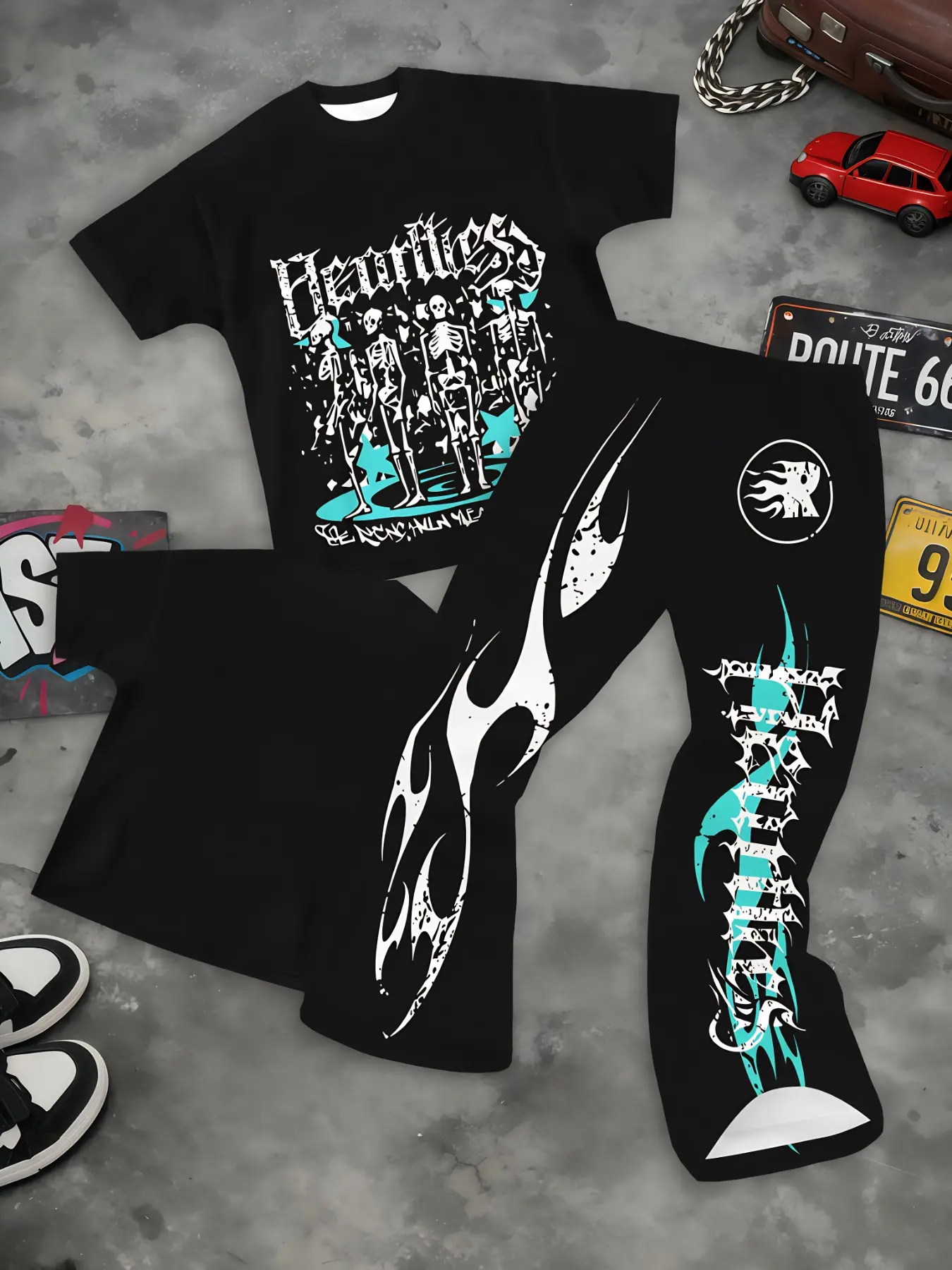 Dark Gothic Skeleton Skull Horrific Letter Flame Print Men Short Sleeve Curved Pants Set Soft Stretchy Oversized Loose 2 Piece Streetwear Outfit Daily Skate Going Out Viral Grunge Hip Hop Men Fashion