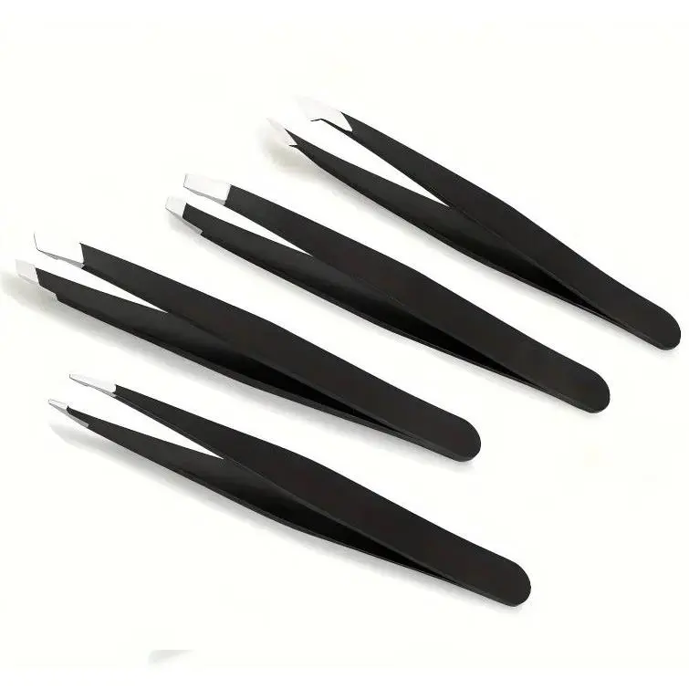 Adults' 4-Piece Durable Stainless Steel Makeup Tweezers Multi-Pack - Flat, Slant, Pointed Precision Grooming Tools with Leather Package for Eyebrow Removal, Long-Lasting Ingrown Hair Solution
