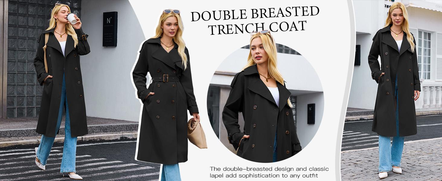 FMEYOA Womens Long Trench Coat Double Breasted Classic Lapel Fall Overcoat with Belt J7K066