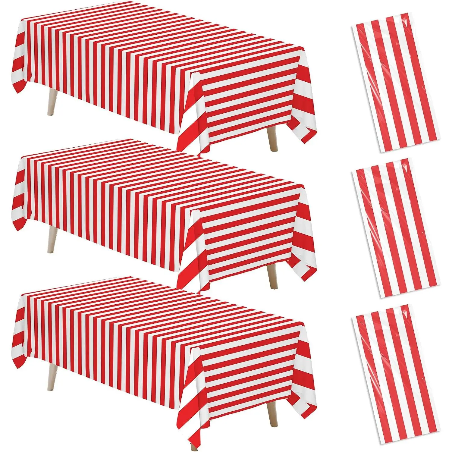 Red and White Striped Tablecloth, 3 count Disposable Carnival Circus Theme Table Cover, 55in x 86in, for Birthday  Shower, Movie Night, BBQ Party Decorations