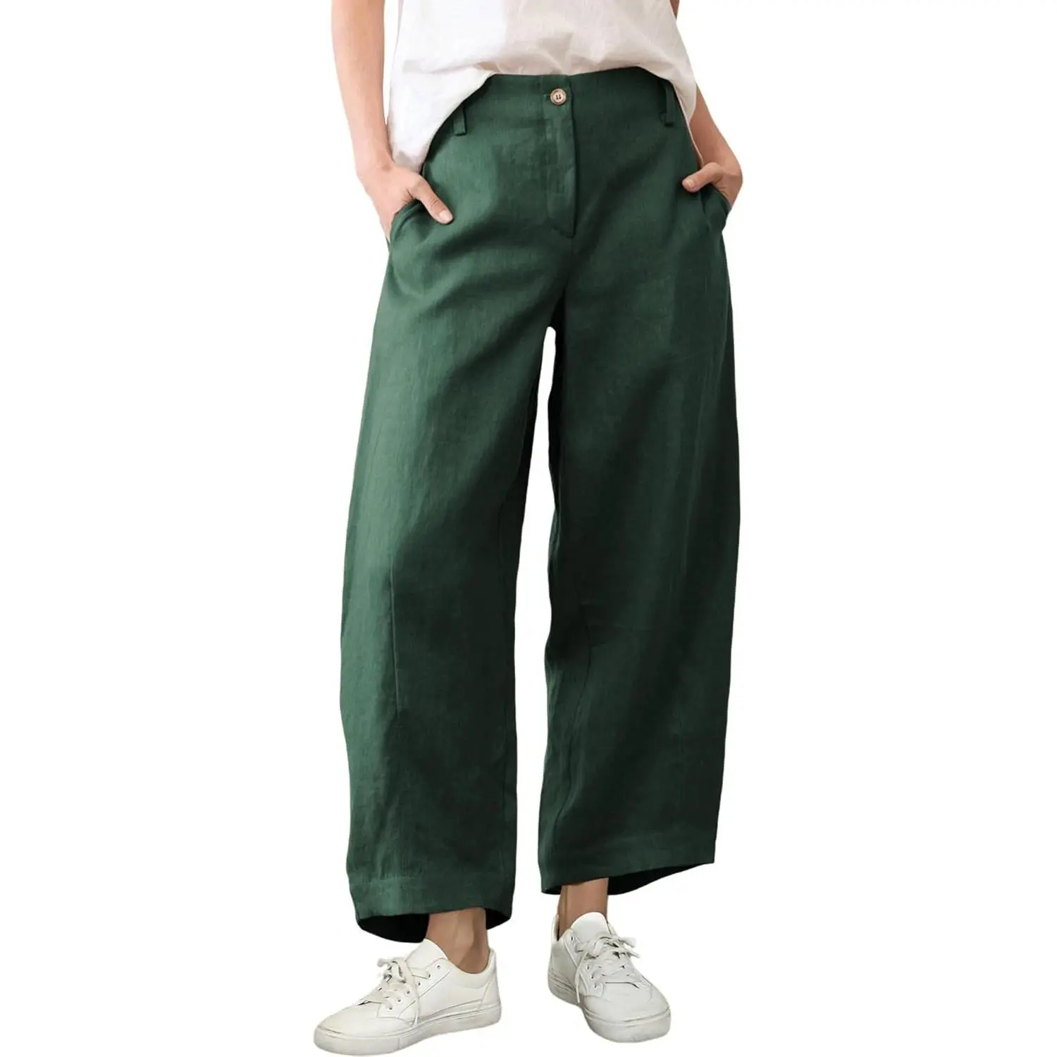 Women's Casual Wide Leg Linen Blend Pants, Lightweight Barrel Trousers with Pockets, Elastic Waist Summer Bottoms for All Day Wear, Basic, Hip, Button