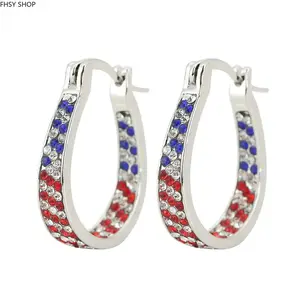Red & Blue Hoop Earrings for Women, Two-Tone Patriotic Circle Jewelry with Sparkling Rhinestones, Stylish Accessory for Independence Day, Parties & Casual Wear