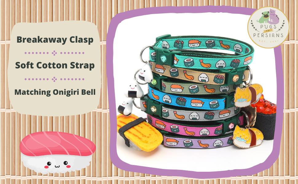 Sushi Cat Collar with Onigiri Bell | Adjustable Large Size or Kitten Collar | Safety Breakaway Collarr (Small(10lbs & Less), Wasabi Green)