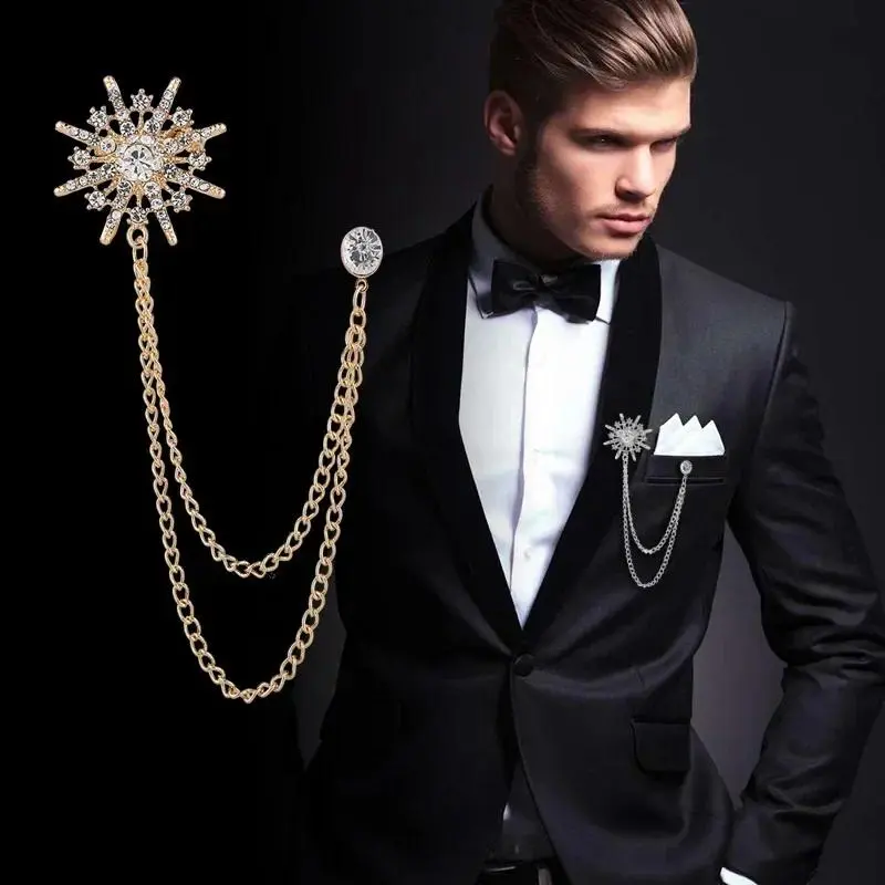 Elegant Korean Luxury Metal-Coated Rhinestone Star Brooch with Crystal Tassel Chain, Unisex Boutonniere Pin Corsage Accessory for Suit Coat Lapel Clothing Fashion Accessory, Boutonniere Pins, Elegant Brooch, Fashion Accessories