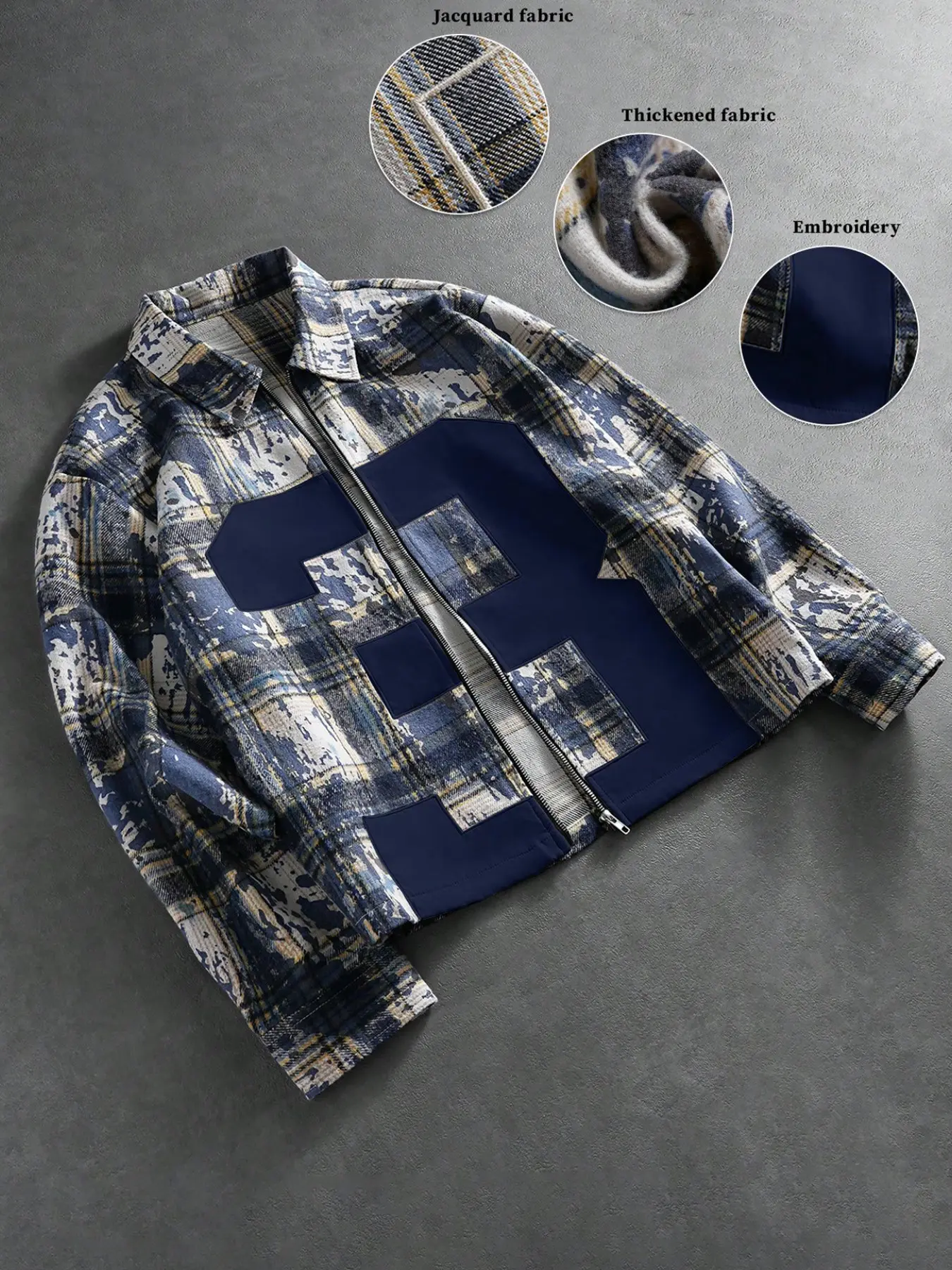 Men's Zip Up Jacket, Loose Fit Plaid Patchwork Coat, Jacquard Embroidery Design, Streetwear For Fall Outfits And Daily Going Out
