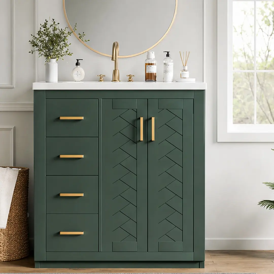 ARCH 30-Inch Bathroom Vanity with Ceramic Sink Combo, Solid Wood Frame Freestanding Storage Cabinet with 3 Drawers and Soft-Close Doors, Green, for Bathroom Organization, Multiple Color Options Available, Black/Blue/Green/Indigo Color Options