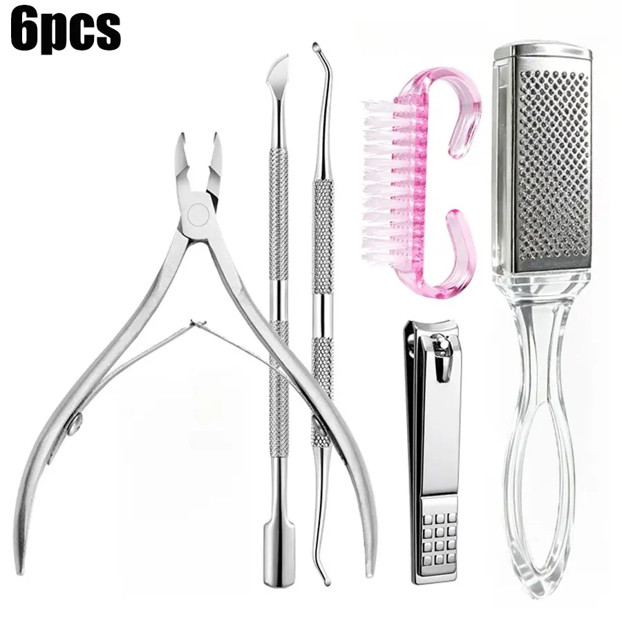 6Pcs Stainless Steel Manicure Pedicure Kit, All-in-One Nail Care Set with Cuticle Nipper, Pusher, Nail Clipper, Foot File & Cleaning Brush for Home Salon Hand & Foot Care