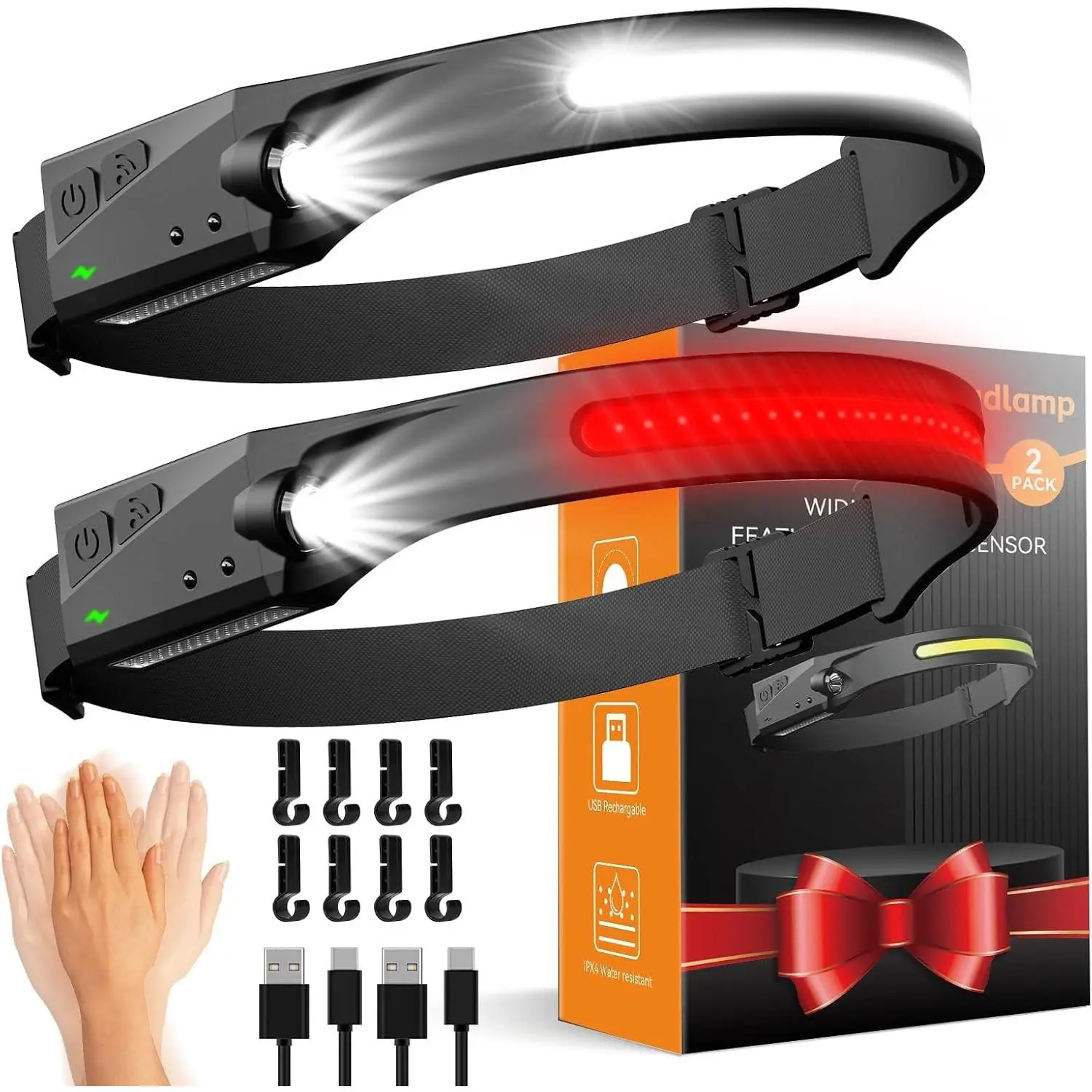 Headlamps Rechargeable with Red Light 2 Pack, Wide Beam Running LED Head Lamp for Adults, Headlights for Head with Motion Sensor, Hard Hat Light for Running, Camping, Hiking, Hunting, FishingGift