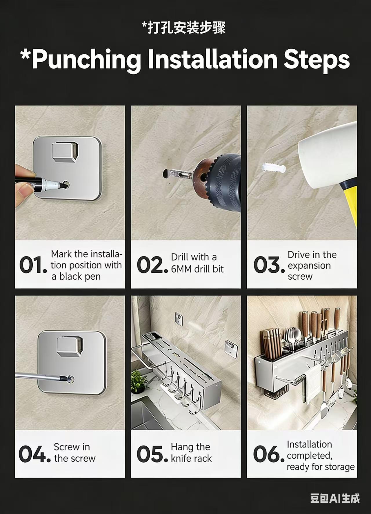 No-drill multifunctional kitchen utensil storage rack, no-drill knife rack, does not damage walls, easy to install and detachable