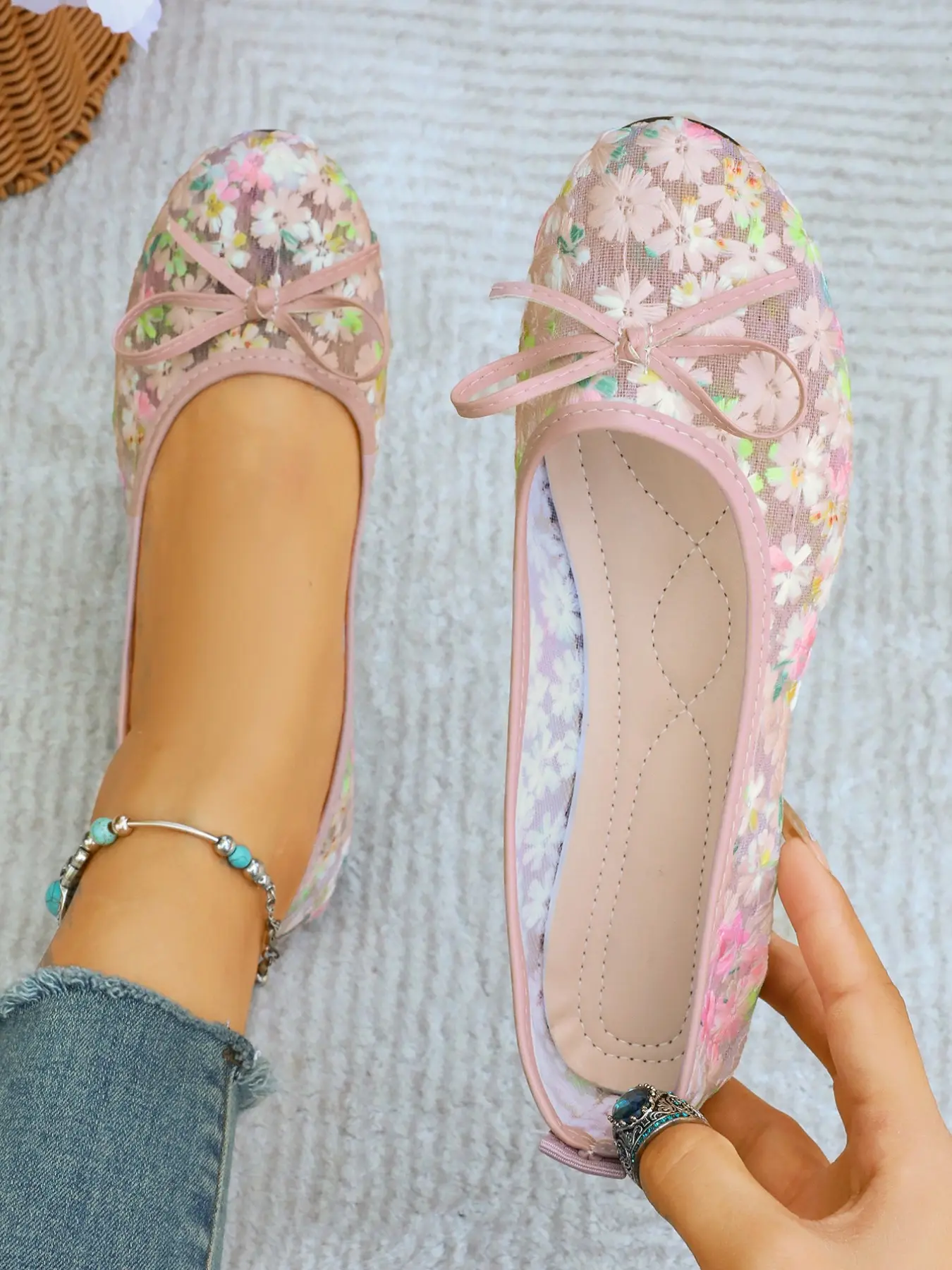 Summer Floral Embroidery Mesh Flat Shoes for Women, Round Toe Bow Low Top Breathable Lace Slip-On Ballet Flats, Casual All-Season Footwear