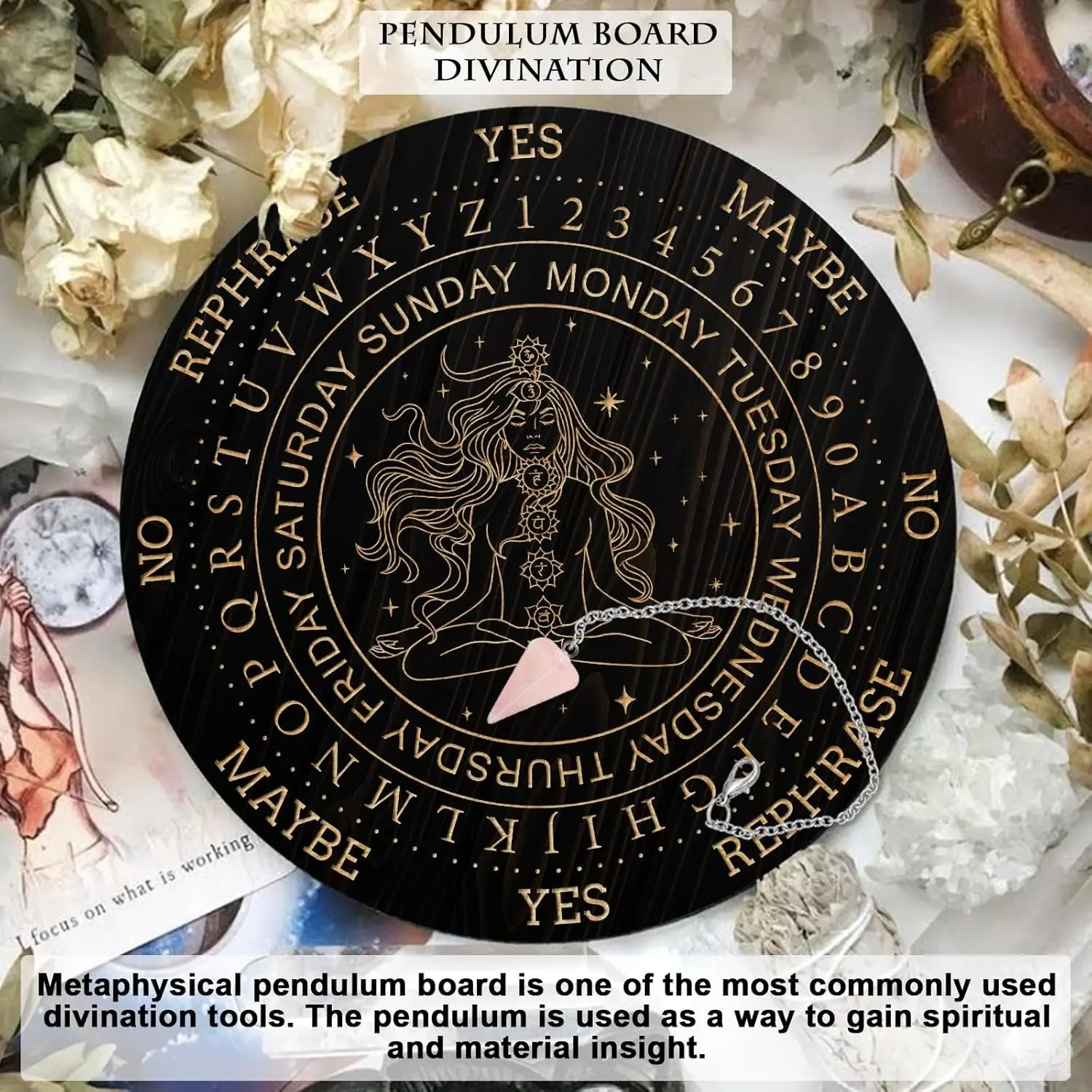 Pendulum Board Set, Wooden Dowsing Divination Board Metaphysical Message Board with Crystal Pendulum Necklace for Witchcraft Wiccan Altar Supplies Kit, Goddess Guidance