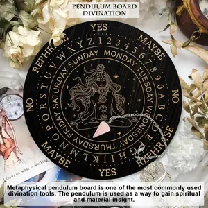 Pendulum Board Set, Wooden Dowsing Divination Board Metaphysical Message Board with Crystal Pendulum Necklace for Witchcraft Wiccan Altar Supplies Kit, Goddess