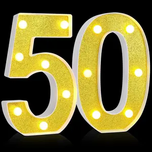 8.7'' Birthday Decorative LED Light up Numbers, Glitter Marquee Number Sign for Night Birthday Party Decorations Anniversary Bar LED Sign Backdrop Wall Table Centerpieces(50th,)